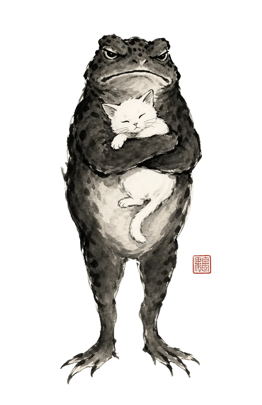 An ink-brush toad cradling a white cat, the Layercake mascot