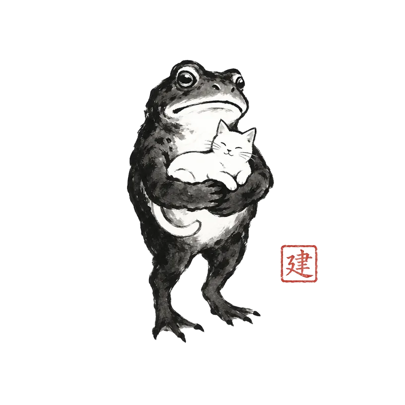 Layercake mark: an ink frog carrying a cat